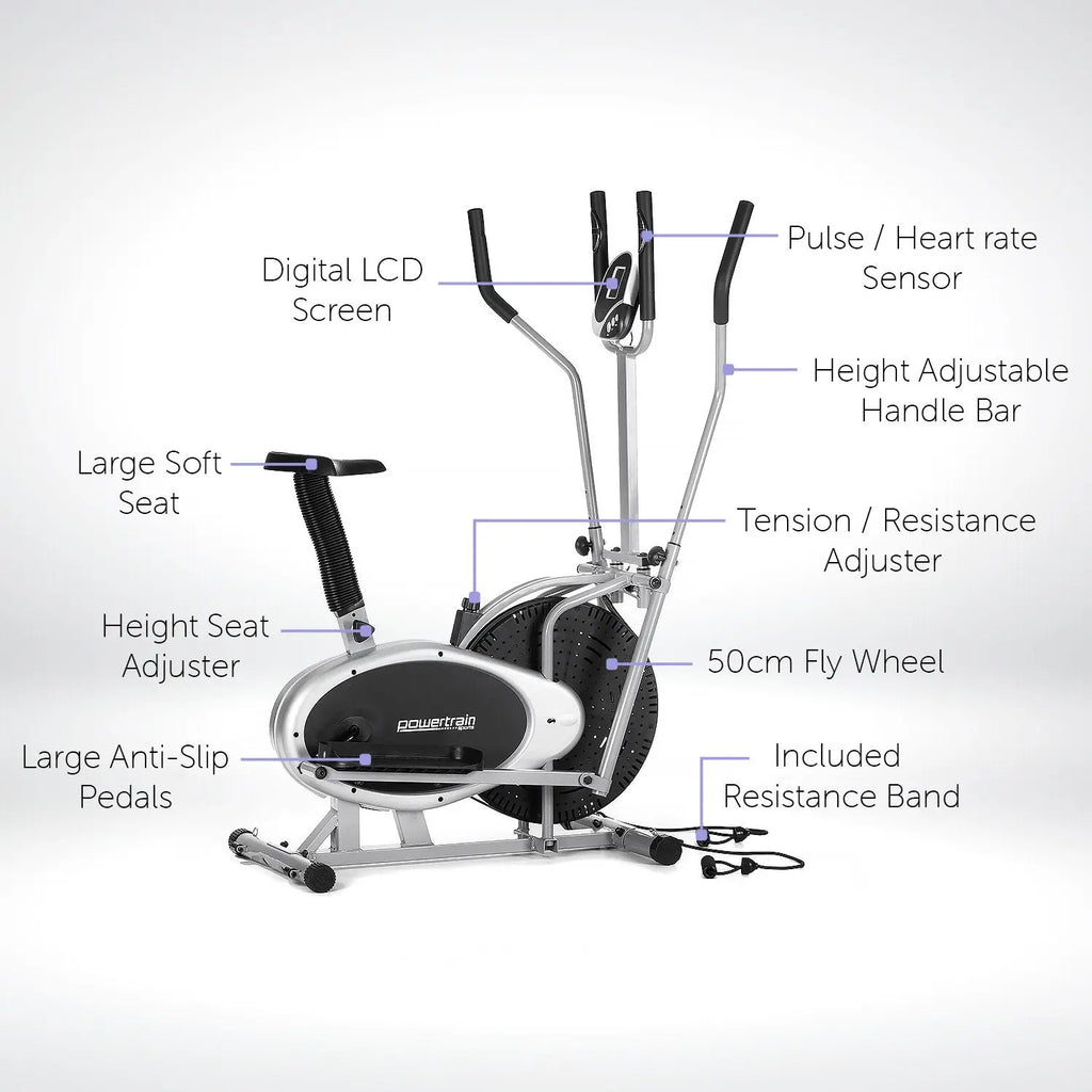 Powertrain 3-in-1 Elliptical Cross Trainer Exercise Bike with Resistance Bands - 1RM Fitness Australia