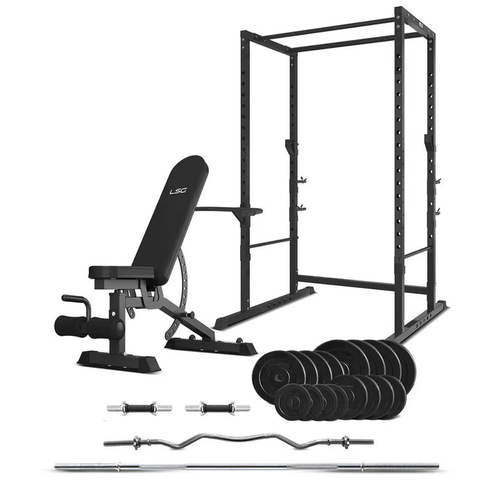 LSG GBH-300 Power Rack + GBN-006 14-Level FID Exercise Bench + 90kg Weight Set Package - 1RM Fitness Australia