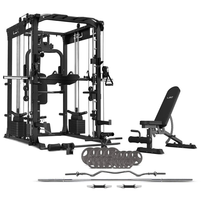 LSG GRK200 10-in-1 Home Gym Station, Power Rack, Smith Machine and Cable Crossover + 90kg Standard Weight Plate Set 1RM Fitness Australia