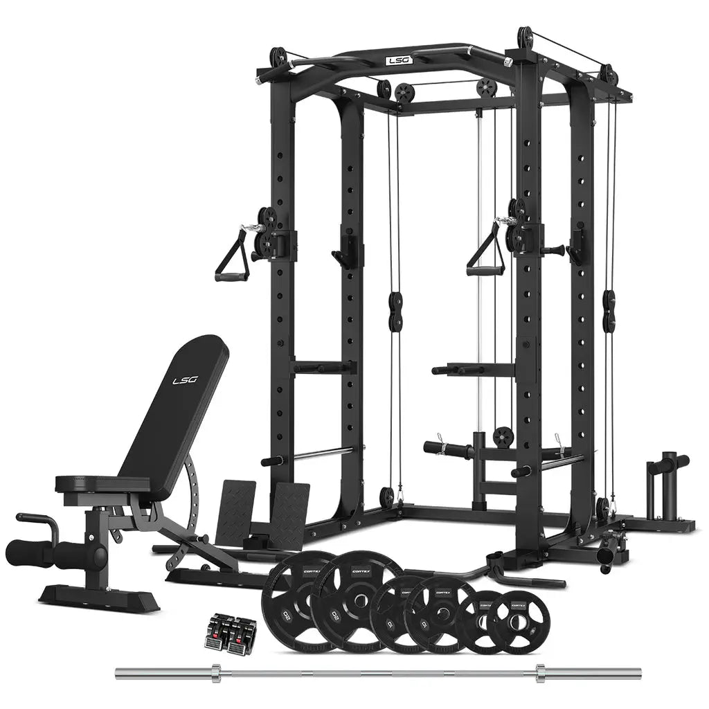 lsg-grk100-with-fid-bench-and-90kg-olympic-bars-and-tri-grip-weights