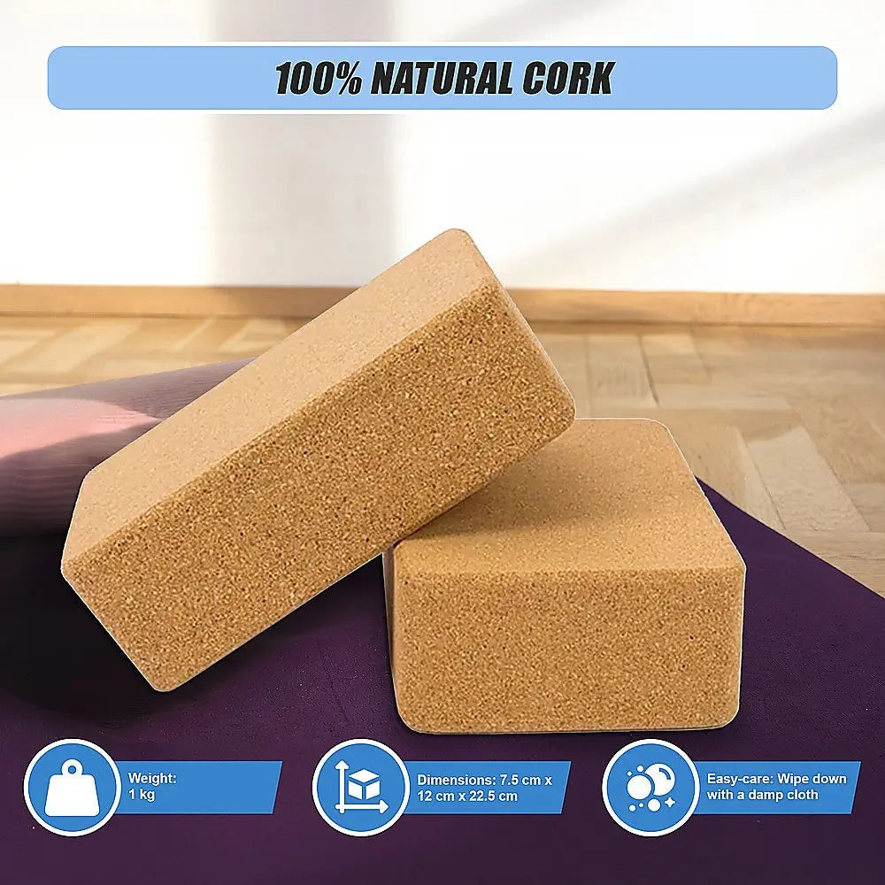 2 x Cork Yoga Block Organic Yoga Prop Accessory Exercise Brick - 1RM Fitness Australia