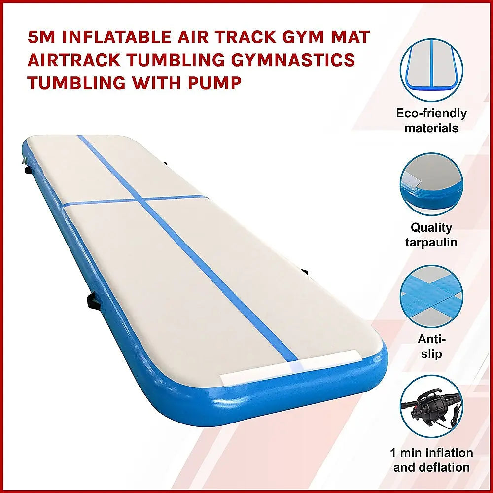 5m Inflatable Air Track Gym Mat Airtrack Tumbling Gymnastics Tumbling with Pump - 1RM Fitness Australia