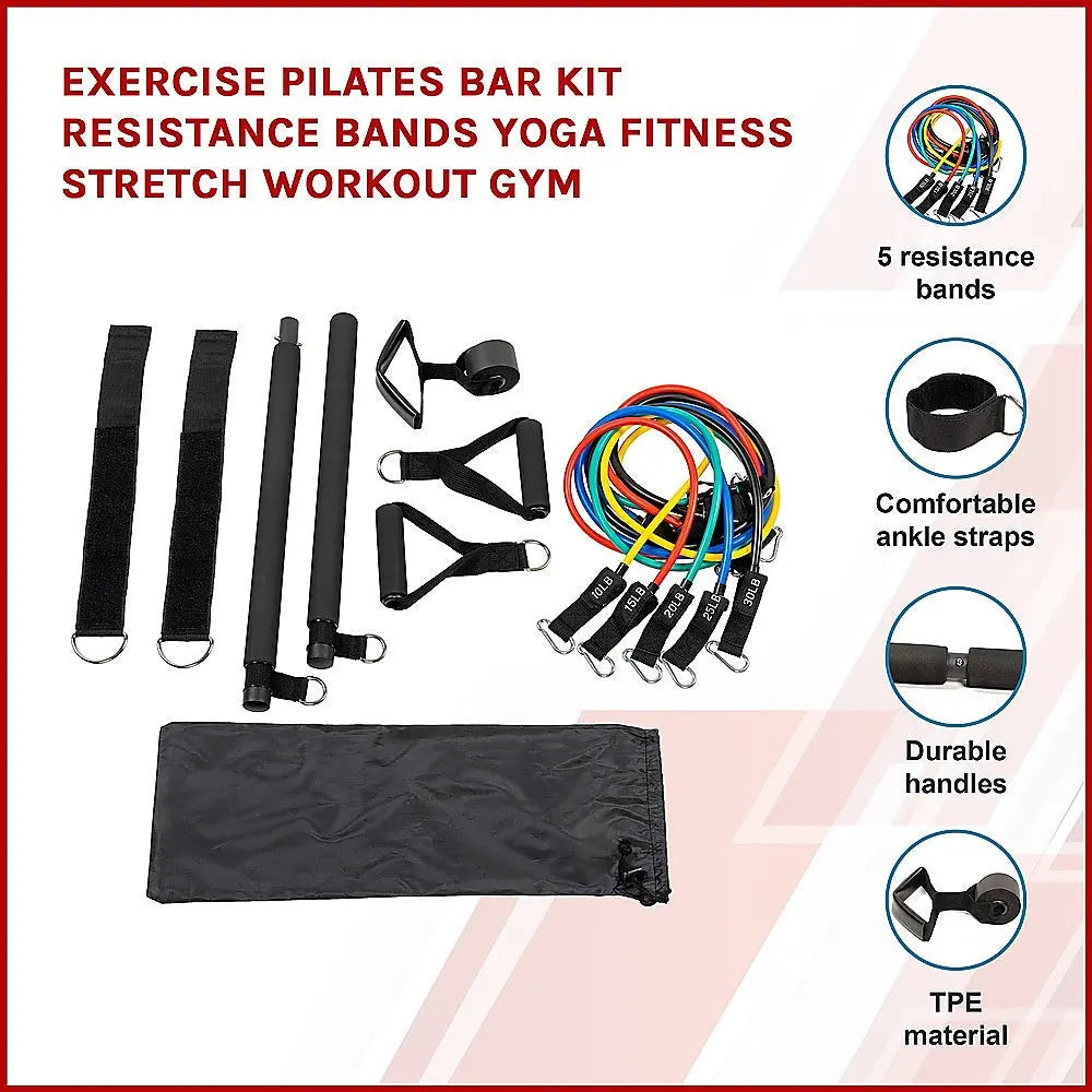 Exercise Pilates Bar Kit Resistance Bands Yoga Fitness Stretch Workout Gym - 1RM Fitness Australia